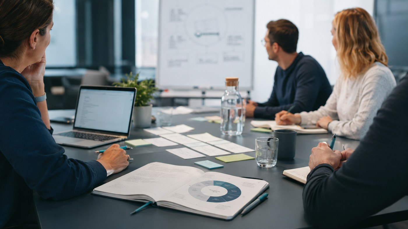 Team im Austausch über gesunde Führung und Zusammenarbeit