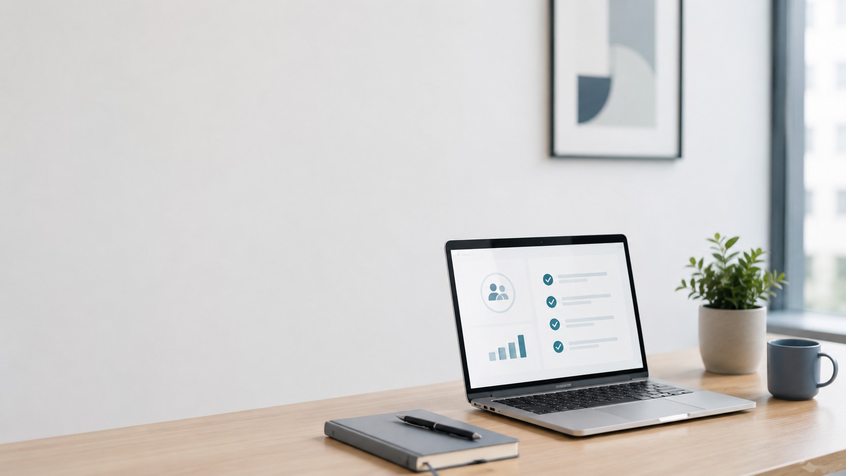 Sachlicher Arbeitsplatz mit Laptop und Arbeitsmaterialien